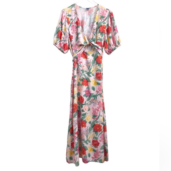 Old Navy | 2023 Linen Blend Floral Short Sleeve Twist Front Wrap Maxi Dress - Picture 3 of 3